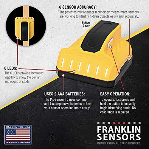 Franklin Sensors ProSensor T6 Stud Finder with 6-Sensors, Wood & Metal Stud Detector/Wall Scanner, Built-in Bubble Level FRANKLIN SENSORS