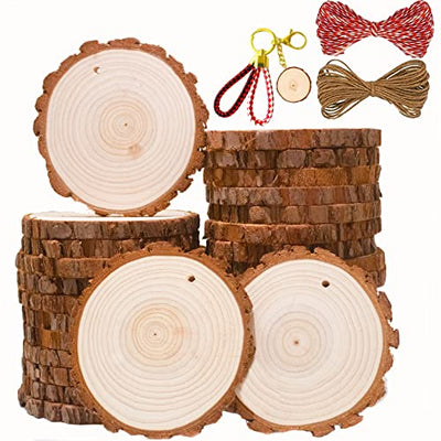 SENMUT Wood Slices 30 Pcs 3.1-3.6inch Natural Rounds Unfinished Wooden Circles Christmas Wood Ornaments for Crafts Wood Kit Predrilled with Hole Wood