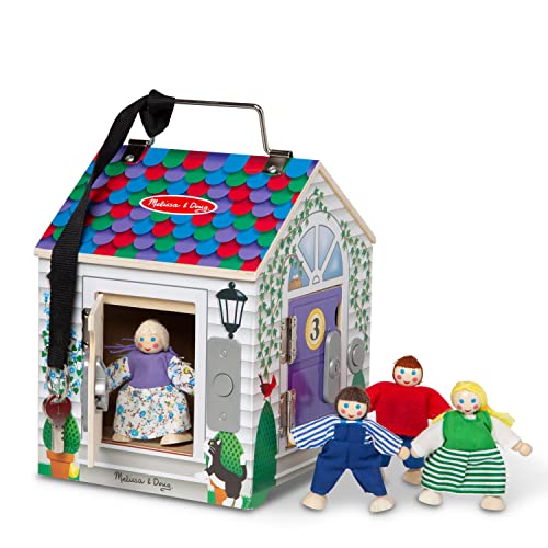 Melissa & Doug Take-Along Wooden Doorbell Dollhouse - Doorbell Sounds, Keys, 4 Poseable Dolls - Portable, Doorbell House For Kids Ages 3+ Melissa & Doug