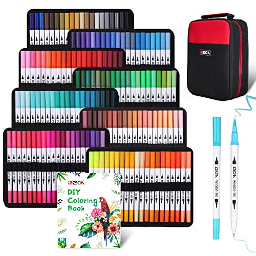 160 Colors Duo Tip Brush Markers, ZSCM Fine Brush Tip Colored Pens Set with Canvas Bag, Gifts for Women Adult Coloring Books Drawing Sketching - WoodArtSupply