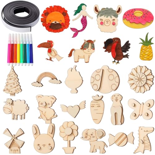 Barydat 100 Pcs Wooden Magnets DIY Wooden Arts and Crafts for Kids Craft and Art Painting Kit Supplies Party Birthday Gift Party Favors for Easter Barydat