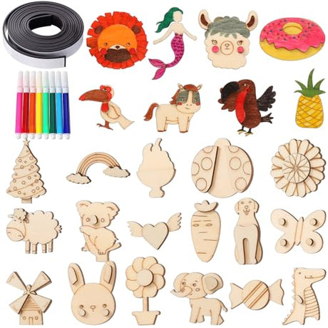 Barydat 100 Pcs Wooden Magnets DIY Wooden Arts and Crafts for Kids Craft and Art Painting Kit Supplies Party Birthday Gift Party Favors for Easter Barydat