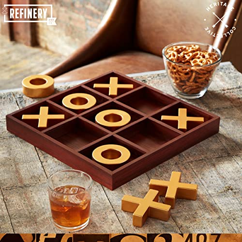 Refinery & Co. Premium Solid Wood Tic-Tac-Toe Board Game, Giant Gold 14” Coffee Table Home Decor, Classic Indoor/Outdoor Party Game for Children & Refinery