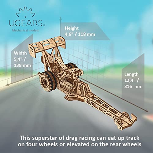 UGEARS Dragster Car Model Kit - Top Fuel Dragster Model Kits 3D Puzzle with Powerful Spring Motor - Drag Racing Model Car Kits 3D Puzzles for UGEARS