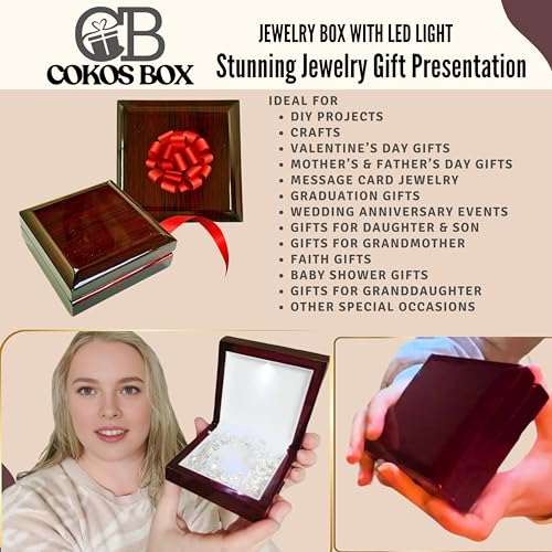 Wooden Jewelry Box with LED Light, 4 x 4 x 1.5 Inches Empty Wood Case Necklace Gift Box for DIY Craft Hobbies Men Women Him Her Occasions (1,