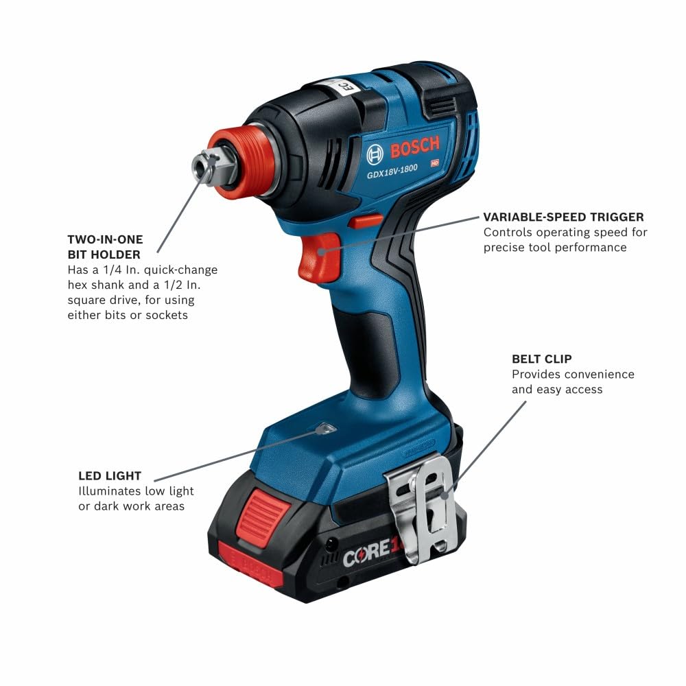 BOSCH GXL18V-501B25 18V 5-Tool Combo Kit with 2-In-1 Bit/Socket Impact Driver/Wrench, 1/2 In. Hammer Drill/Driver, Reciprocating Saw, Circular Saw,