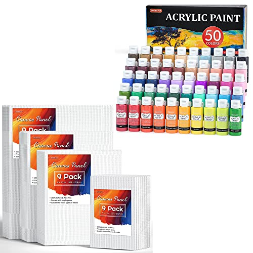 Shuttle Art Canvas Panels and Acrylic Paint Bundle, Art Painting Supplies Set for 50 Colors Acrylic Paint Bottles(60ml/2oz) & 36 Pack Painting Canvas Shuttle Art
