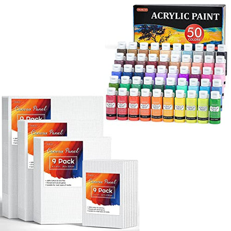 Shuttle Art Canvas Panels and Acrylic Paint Bundle, Art Painting Supplies Set for 50 Colors Acrylic Paint Bottles(60ml/2oz) & 36 Pack Painting Canvas Shuttle Art