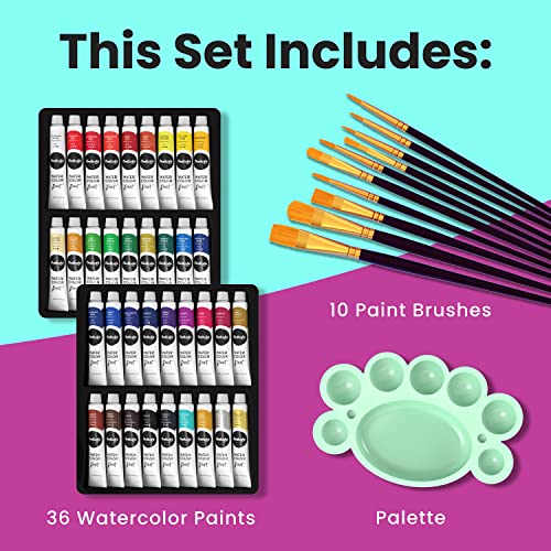Chalkola Watercolor Paint Set for Adults, Kids, Beginner & Professional Artists - 36 Watercolor Tubes Set (12ml, 0.4oz), 10 Painting Brushes & 1 Chalkola