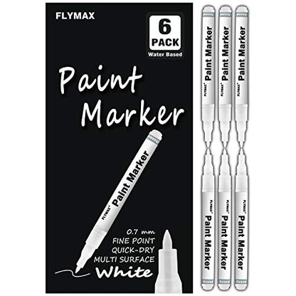 FLYMAX White Paint Pen, 6 Pack 0.7mm Acrylic White Permanent Marker White Paint Pens for Wood Rock Plastic Leather Glass Stone Metal Canvas Ceramic - WoodArtSupply