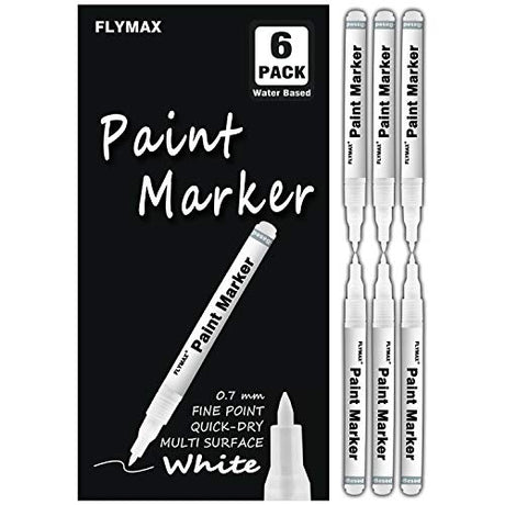 FLYMAX White Paint Pen, 6 Pack 0.7mm Acrylic White Permanent Marker White Paint Pens for Wood Rock Plastic Leather Glass Stone Metal Canvas Ceramic FLYMAX
