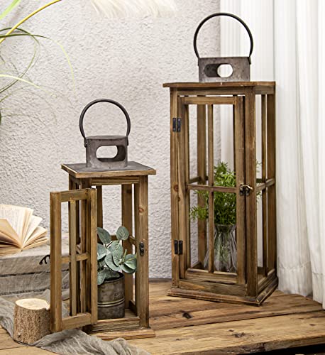 TIMRIS Large Farmhouse Wooden Metal Lantern Set of 2, Rustic Decorative Floor Candle Lanterns, Vintage Distressed Hanging Lanterns for Home Décor (No TIMRIS