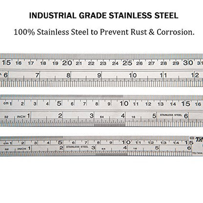 ZZTX Metal Ruler Stainless Steel Ruler Straight Edge Measuring Tool 6 Inch +12 Inch + 16 Inch 6 Pack Set - WoodArtSupply