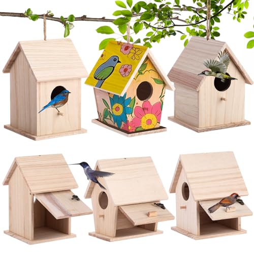 Barydat 6 Pcs Hanging Bird Houses for Outside Unfinished Wooden Bird Houses to Paint and Build DIY Birdhouse Kits for Kids Girls Boys Arts and Craft - WoodArtSupply