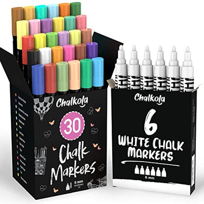Chalkola Fun Colors Bundle - 30 Markers 6mm + 6 White Variety