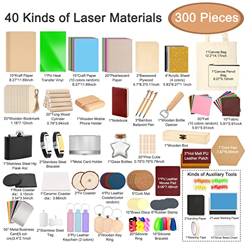 Csyidio 300 PCS Laser Engraving Material, 40 Kinds of Laser Engraver Accessories with Instructions, Laser Engraving Supplies Including Acrylic, Csyidio