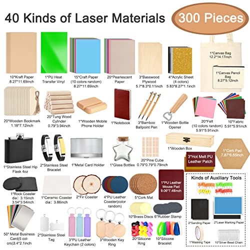 Csyidio 300 PCS Laser Engraving Material, 40 Kinds of Laser Engraver Accessories with Instructions, Laser Engraving Supplies Including Acrylic, - WoodArtSupply