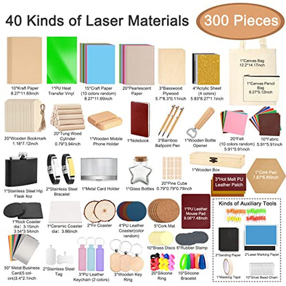 Csyidio 300 PCS Laser Engraving Material, 40 Kinds of Laser Engraver Accessories with Instructions, Laser Engraving Supplies Including Acrylic, - WoodArtSupply