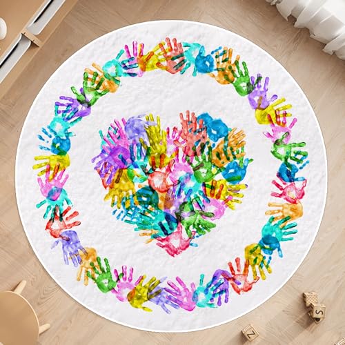 Round Colorful Handprints Kids Area Rug, Washable Nursery Rug for Kids Bedroom, Non-Slip Play Mat Ultra Soft Non-Slip Carpet Indoor Mat for Classroom Fubullish