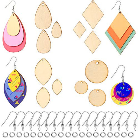 120 Pieces Unfinished Wooden Earrings Blanks Wooden Teardrop Earrings Set Wood Pendants with 60 Pieces Earring Hooks and 60 Pieces Jump Rings for Hicarer