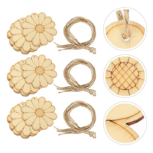 SEWACC Unfinished Wood Crafts 50 Sets Wooden Flower Cutouts Unfinished Flower Shapes Blank Wood Ornaments Flower Embellishments with Hemp Ropes for SEWACC