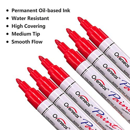 Red Paint Markers Pens - Single color 6 Pack Permanent Oil Based Paint Pen, Medium Tip, Quick Dry and Waterproof Marker for Rock, Wood, Fabric,