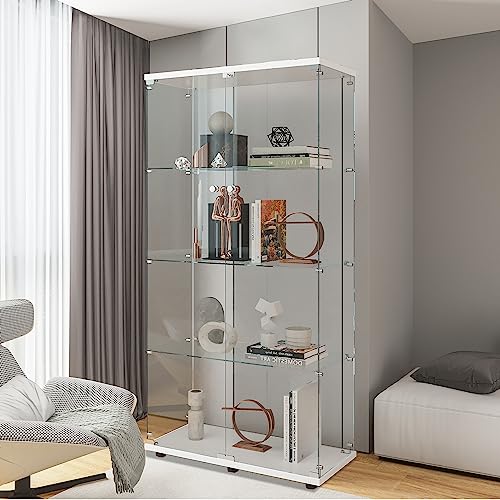 Beauty4U Glass Display Cabinet with 4 Shelves, 2 Doors Curio Cabinets for Living Room, Bedroom, Office, White Floor Standing Glass Bookshelf, Quick