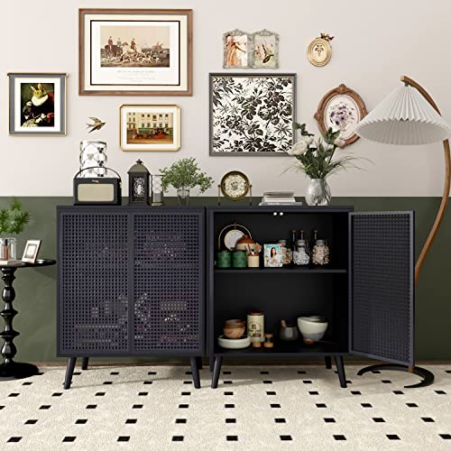 JZXSHD Metal Rattan Accent Cabinet - 2 Door Buffet Storage for Kitchen, Living Room and Hallway, Black JZXSHD