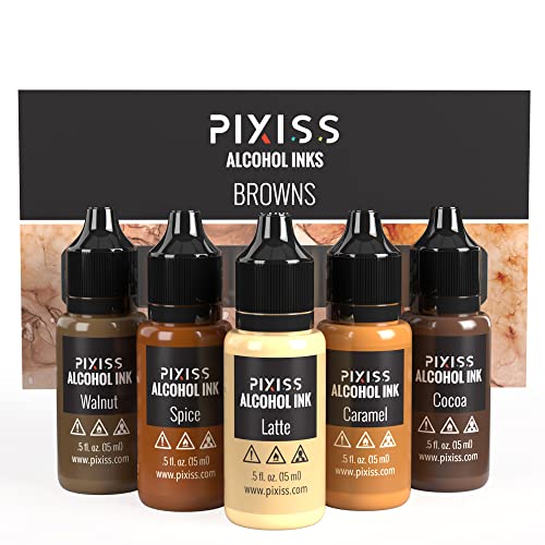 Pixiss Brown Alcohol Ink Set - 5 Shades of Highly Saturated Alcohol Ink for Epoxy Resin Supplies, Yupo Paper, Tumblers, Coasters - Resin Colorant for