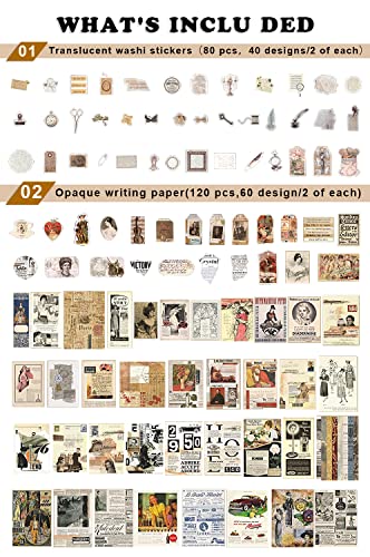 Draupnir 200pcs Vintage Junk Journal Supplies,Scrapbook Supplies  Scrapbooking Paper and Stickers Ephemera for Art Aesthetic Journaling Kit  Collage