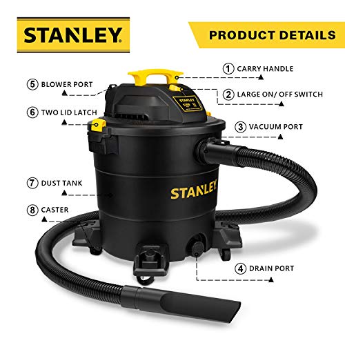 Stanley 12 Gallon 5.5 Peak HP Wet/Dry Vacuum, 3 in 1 Shop Vacuum Blower,1-7/8"x6 Hose, Range for Garage, Carpet Clean, Workshop with Vacuum Stanley