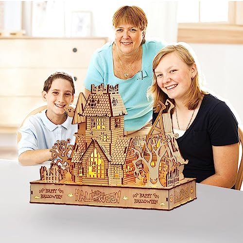 3D Wooden Halloween Haunted House Puzzles, Wood Creative Glow in The Dark Haunted House Puzzle, Assembly Model Building Kits to Build for Adults & varbertos