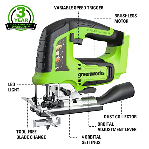 Greenworks 24V Brushless Jig Saw，1*2AH Battery+2A adaptor, 6PCS Blades (4 x Saw blade for woodworking. 2 x Saw blade for metal) Greenworks