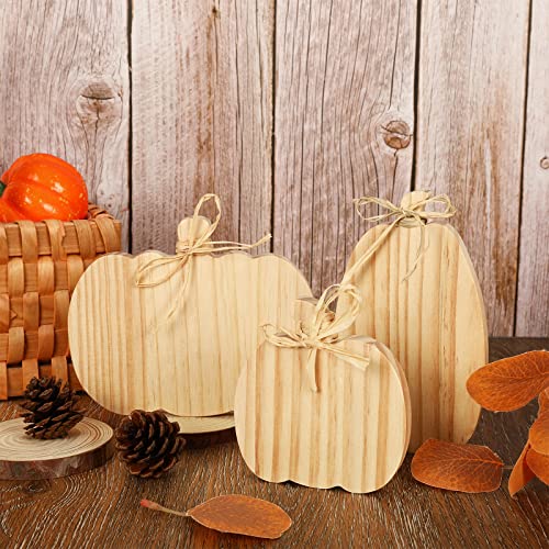 Whaline 3Pcs Unfinished Pumpkin Wooden Cutout with Natural Raffia Pumpkin Shaped Tiered Tray Decor Pumpkin Wooden Table Sign for Fall Thanksgiving Whaline