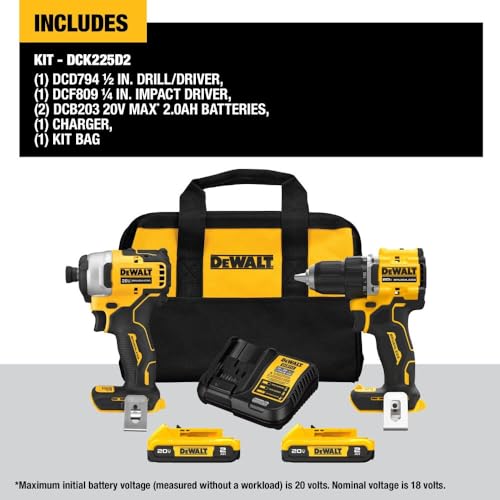 Dewalt DCK225D2 20V MAX ATOMIC Brushless Compact Lithium-Ion 1/2 in. Cordless Drill Driver and 1/4 in. Impact Driver Combo Kit with 2 Batteries (2 - WoodArtSupply