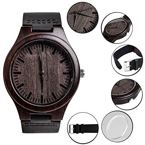 KOSTING Engraved Mens Handmade Vintage Analog Quartz Personalized Wooden Watches Custom Men Watch with Cowhide Leather Strap Sleek Ebony Wood - WoodArtSupply