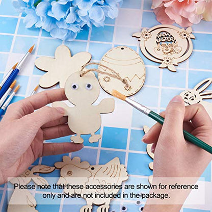 Craftdady 48pcs Easter Wooden Ornaments Wood Pieces Unfinished Egg Chick Hen Bunny Flower Wood Cutouts with Hemp Ropes, Wiggle Googly Eyes for DIY