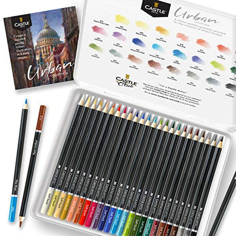 Castle Arts Themed 24 Colored Pencil Set in Tin Box, perfect Urban sketching colors featuring quality, smooth colored cores, superior blending & Castle Art Supplies
