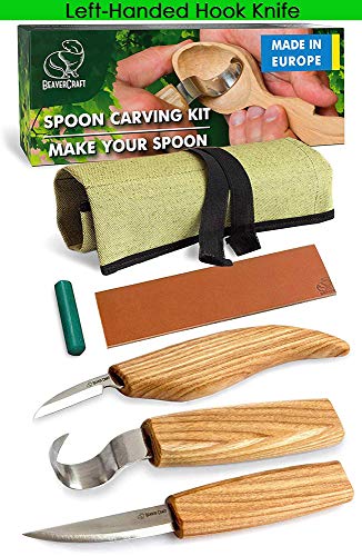 BeaverCraft S13L Wood Carving Tools Set for Spoon Carving 3 Knives in Tools Roll Leather Strop and Polishing Compound Hook Sloyd Detail Knife