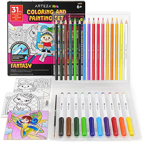 Arteza Kids Fantasy Coloring Kit, 3 Canvas Panels, 4 x 4 in, 10 Markers, 16 Watercolor Pencils, 1 Paint Brush, 1 Sharpener, Kids Activities for Ages Arteza Kids