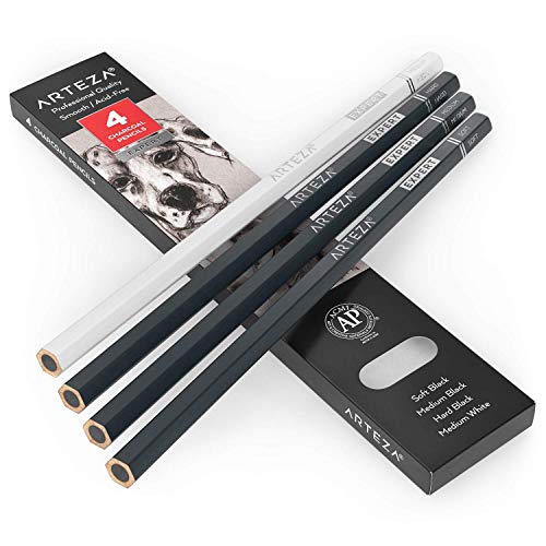 ARTEZA Charcoal Pencil Set, 3 Black Pencils – Soft, Medium, and Hard, and 1 White Pencil – Medium, Art Supplies for Drawing, Sketching & Shading ARTEZA