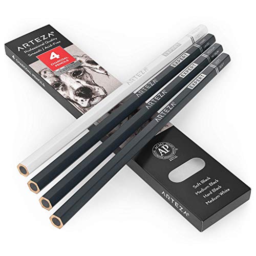 ARTEZA Charcoal Pencil Set, 3 Black Pencils – Soft, Medium, and Hard, and 1 White Pencil – Medium, Art Supplies for Drawing, Sketching & Shading - WoodArtSupply