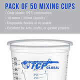 TCP Global 10 Ounce (300ml) Disposable Flexible Clear Graduated Plastic Mixing Cups - Box of 50 Cups & 50 Mixing Sticks - Use for Paint, Resin, TCP Global