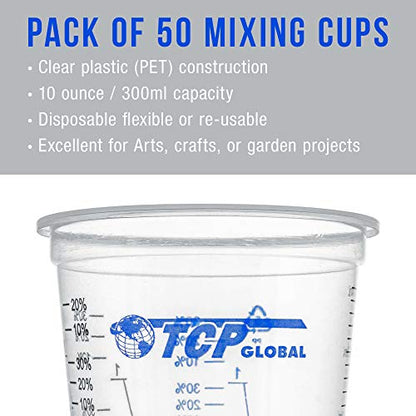 TCP Global 10 Ounce (300ml) Disposable Flexible Clear Graduated Plastic Mixing Cups - Box of 50 Cups & 50 Mixing Sticks - Use for Paint, Resin, - WoodArtSupply