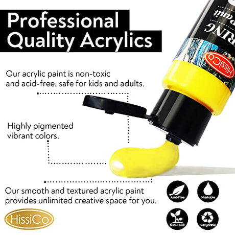 Acrylic Paint Set 36 PCS of 24 Colors 2fl oz 60ml Bottles with 12 Brushes,Non Toxic 24 Colors Acrylic Paint No Fading Rich Pigment for Kids Adults HissiCo