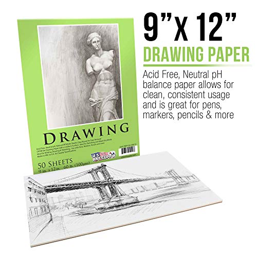 U.S. Art Supply 9" x 12" Premium Drawing Paper Pad, Pack of 2, 50 Sheets Each, 60lb (100gsm) - Artist Sketch Mixed Media Paper, Acid-Free - Graphite US Art Supply