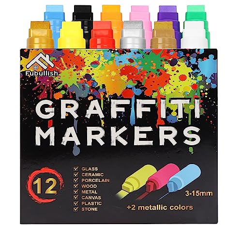 Fubullish 15mm Jumbo Paint Markers, 12 Colors Acrylic Paint Pens for Wood, Canvas, Stone, Rock Painting, Mug, Ceramic, Glass, Metal Surfaces, DIY Fubullish