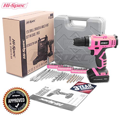 Hi-Spec 50 Piece 12V Pink Drill Driver & Multi Bit Set. High Speed Cordless & Rechargeable Electric Power Screwdriver & Drill for Household DIY. - WoodArtSupply