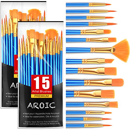 AROIC Acrylic Paint Brush Set, 30 pcs Nylon Hair Paint Brushes for All Purpose Oil Watercolor Face Body Rock Painting Artist, Small Paint Brush Kits AROIC