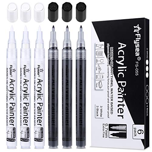 NAWOD Paint Pens White Black Acrylic Marker 6 Pack, Acrylic Permanent Marker, White Paint Pens for Rock Ceramic Wooden Leather Glass Painting Metal NAWOD